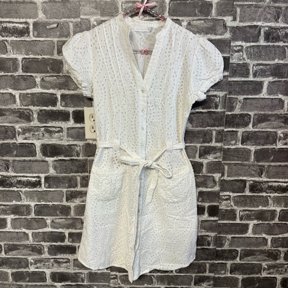 Anne Fontaine sundress button front belt waist white eyelet pockets